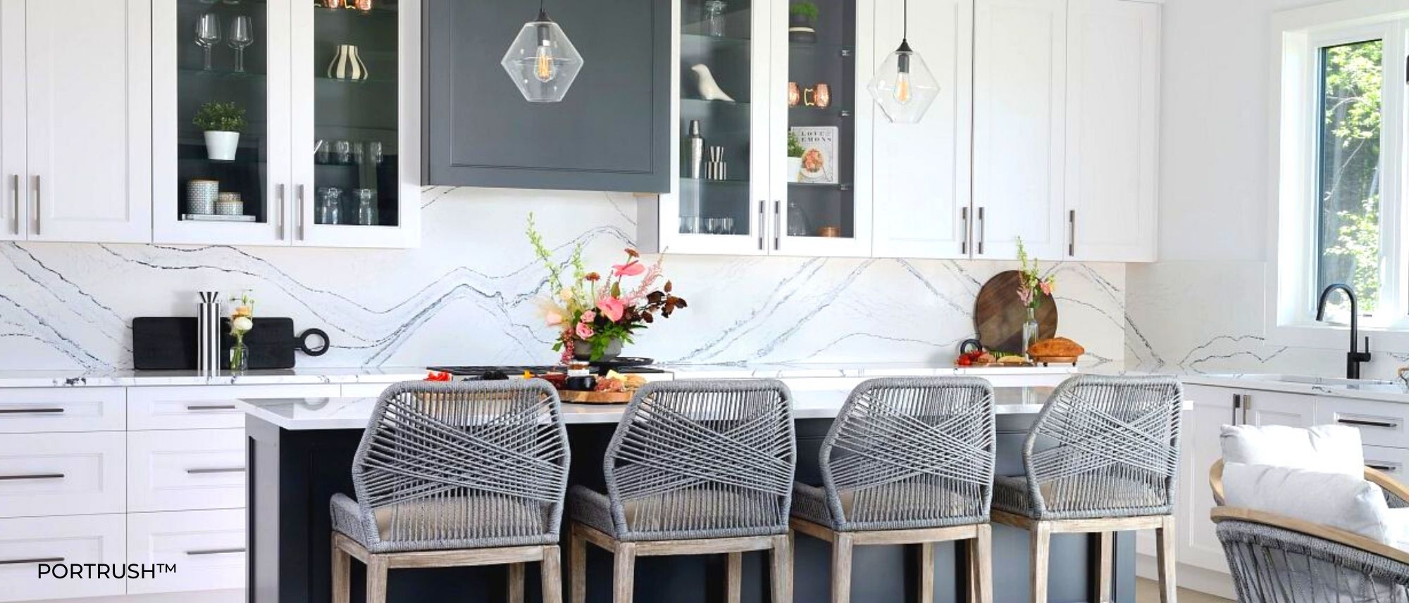 Design Spotlight: Portrush Cambria Quartz 1 Portrush Cambria Quartz Countertops with Full Height Backsplash Blue Countertops