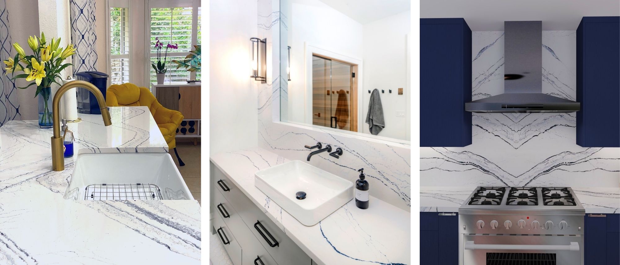 Design Spotlight: Portrush Cambria Quartz 2 Portrush Cambria Quartz Countertops with Full Height Backsplash Kitchen Countertops Bathroom Countertops Kitchen Island Cambria Portrush Quartz Cambria Portrush