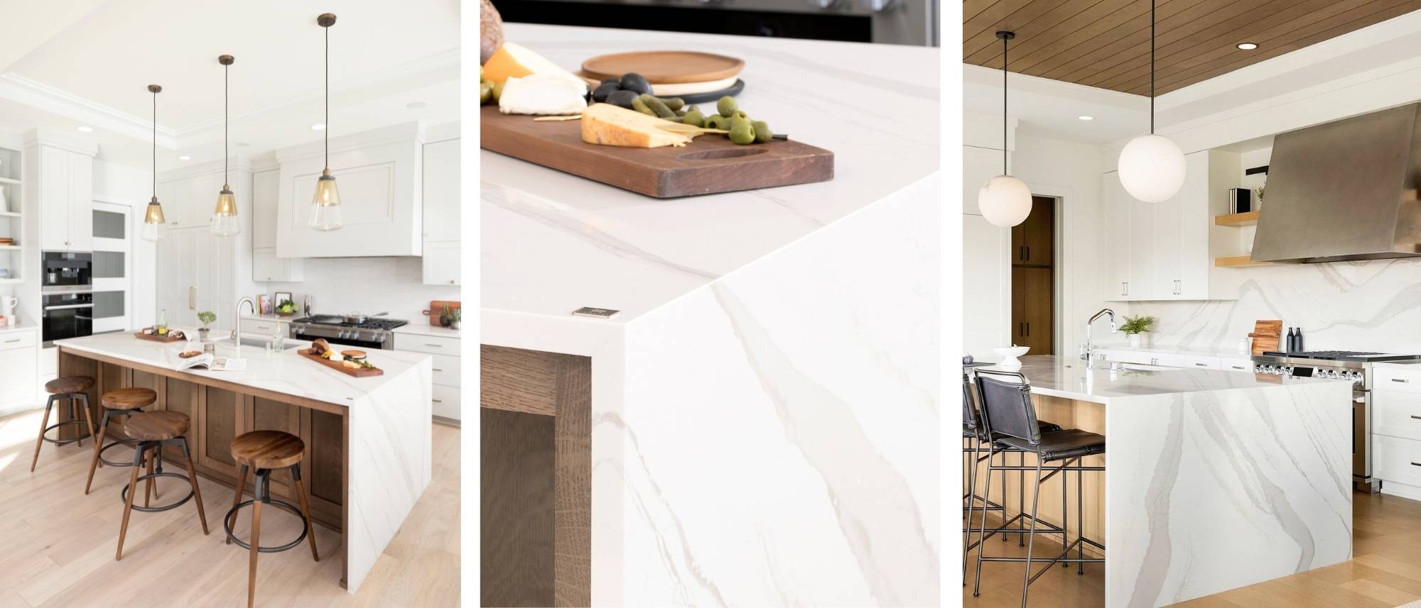 Design Spotlight: Brittanicca Warm Cambria Quartz 2 Brittanicca Warm Cambria Quartz Kitchen Countertops with Waterfall Panel Edges and Matching Quartz Full Height Backsplash