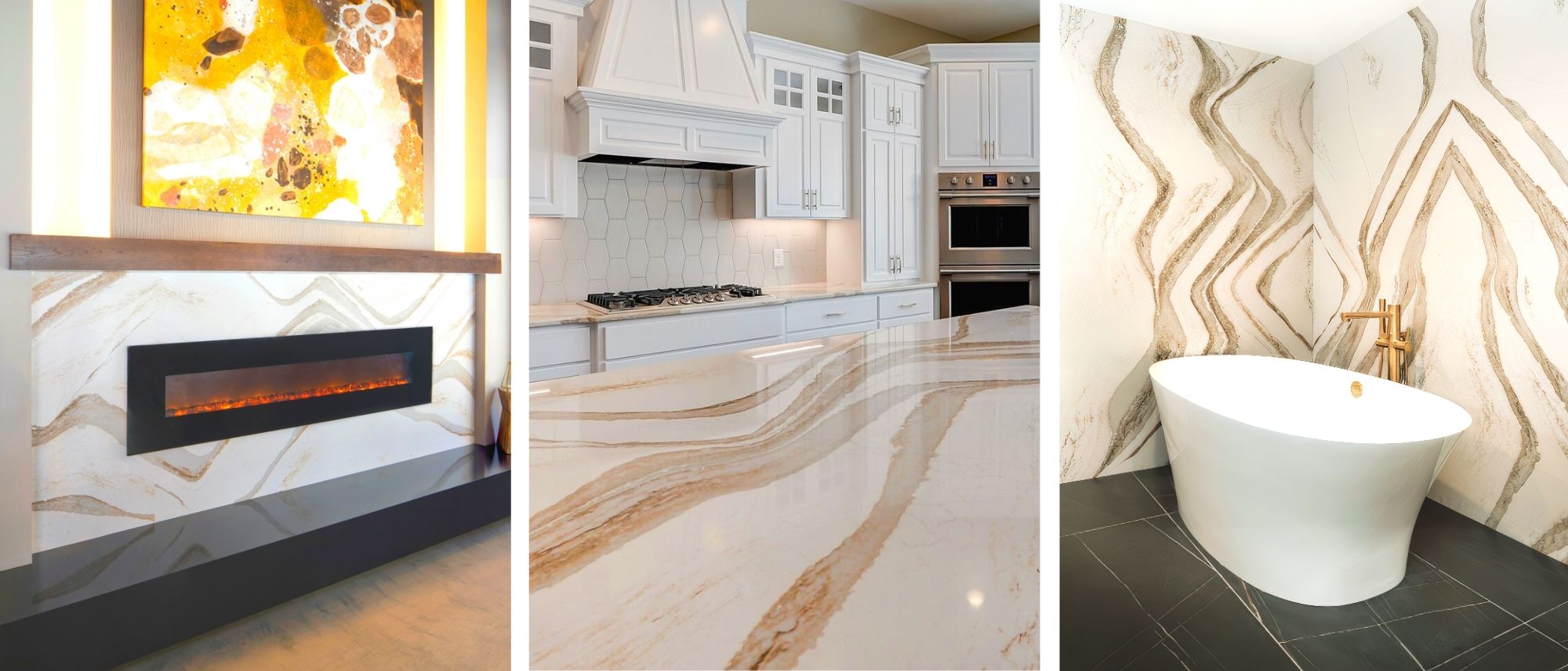 Design Spotlight: Brittanicca Gold Cambria Quartz 2 BRITTANICCA GOLD™ Design Spotlight Installed Kitchen Countertops Bathroom Countertops Shower Walls Header Cambria Brittanicca Gold Countertops Brittanicca Gold Quartz Cambria Brittanicca Gold