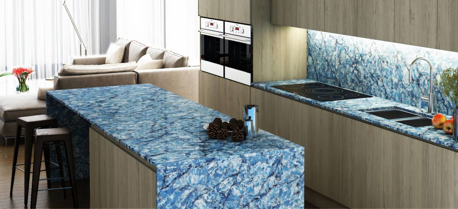 Blue Countertops: A Complete Guide 3 Tidewater Blue Countertops With Waterfall Panel and Full Height Backsplash
