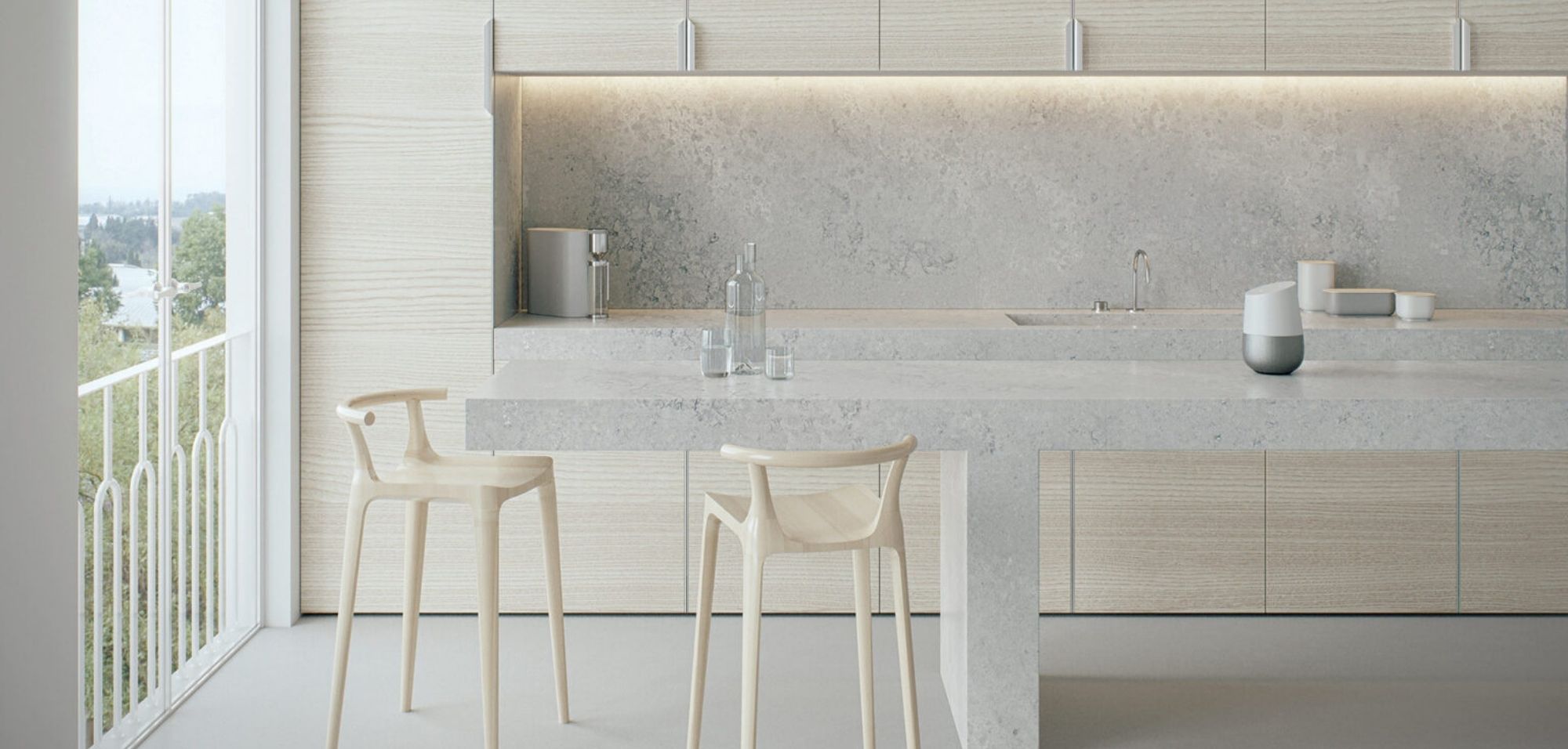 What Is Caesarstone Quartz? 2 airy concrete caesarstone quartz kitchen countertops and full height backsplash