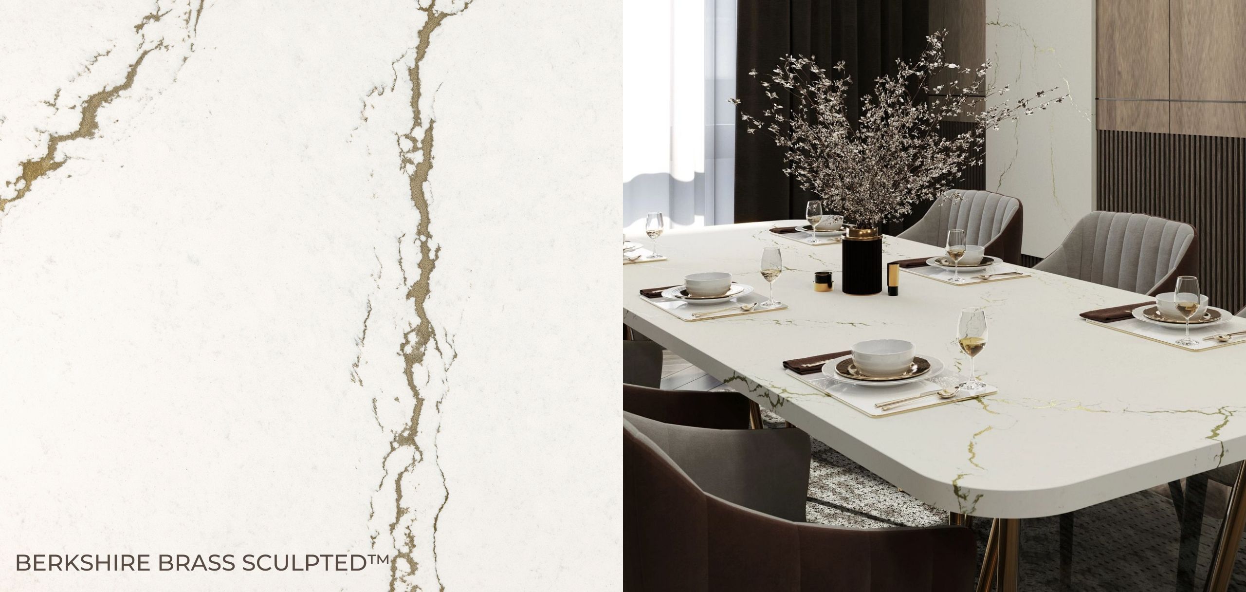 2022 New! Winter Release Cambria Quartz Countertops Colors 6 Berkshire Brass Sculpted Cambria Quartz Close Up and Table