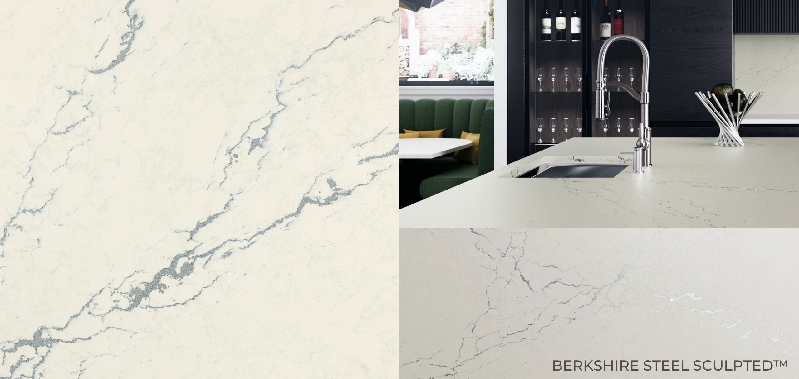 2022 New! Winter Release Cambria Quartz Countertops Colors 5 Berkshire Steel Sculpted Cambria Quartz Close up and Kitchen Countertops