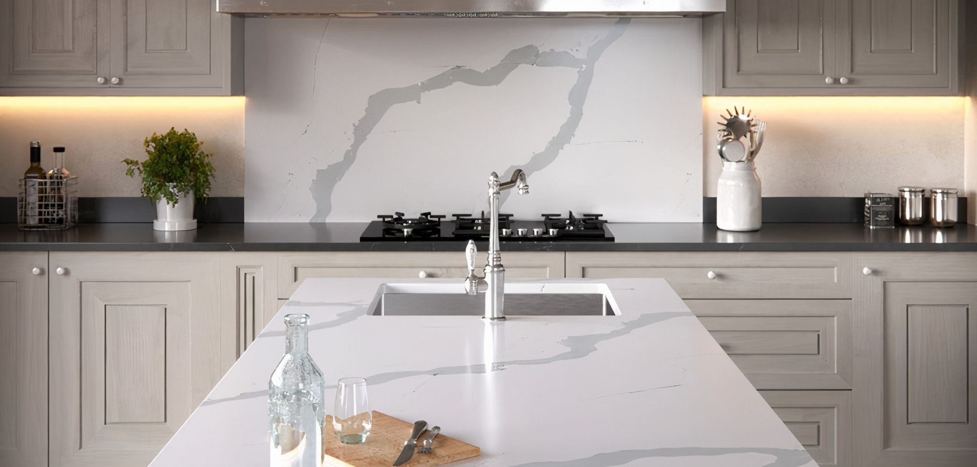 What Is Silestone Quartz? 9 Bianco Calacatta Silestone Quartz Kitchen Countertops and Full Height Backsplash What is SIlestone Quartz