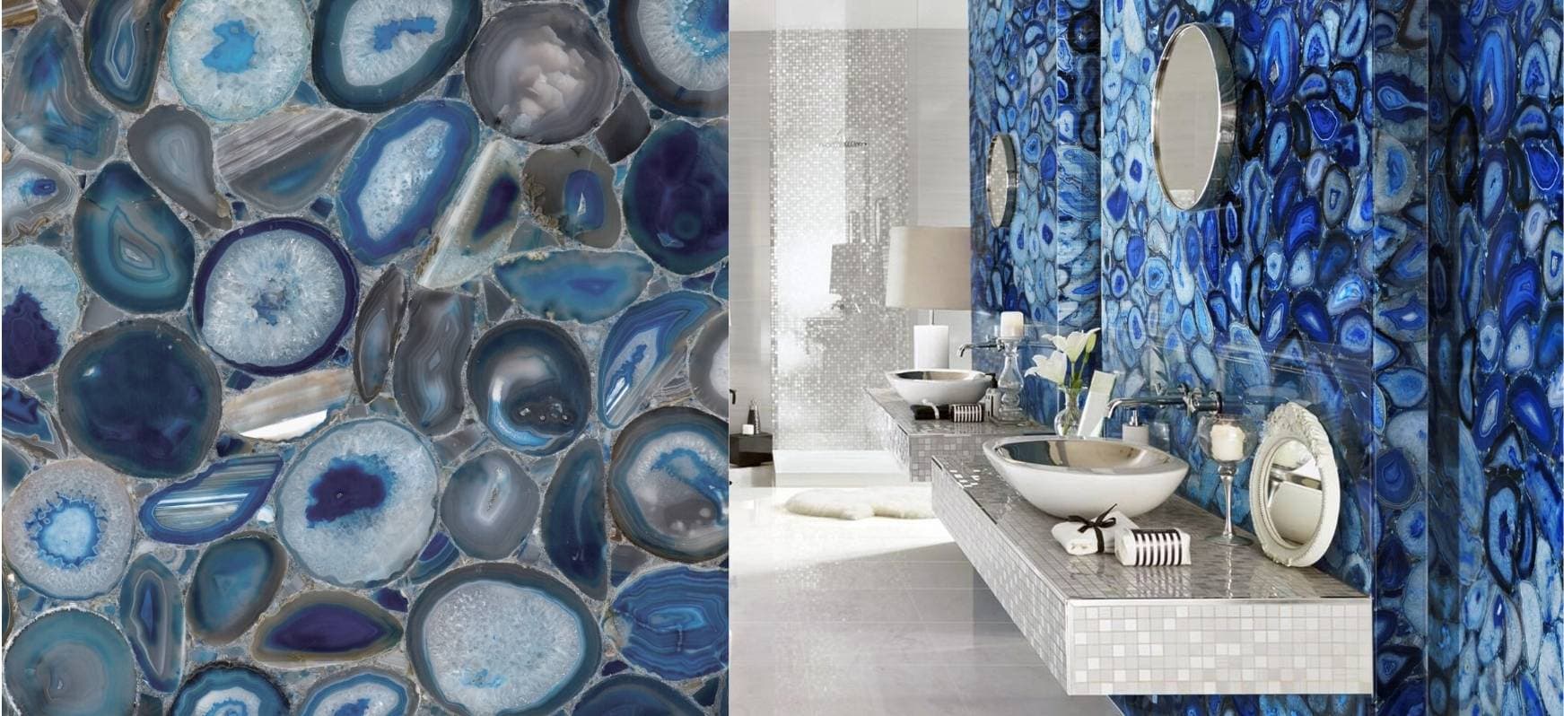 Blue Countertops: A Complete Guide 17 Blue Agate Countertops and Full Height Backsplash and Close Up Blue Countertops Semi-Precious Stone Gemstone Bathroom Countertops