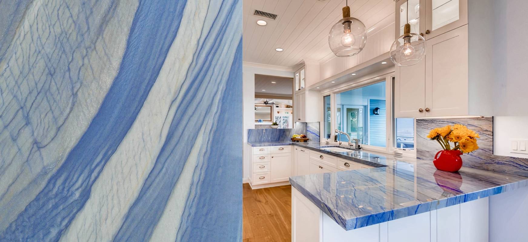 Blue Countertops: A Complete Guide 8 Azul Macaubus Quartzite Countertops and Close up Blue Countertops