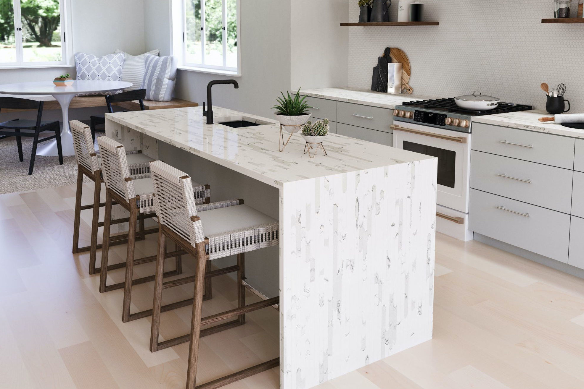 The 4 Colors Of Cambria Brittanicca 9 Brittanicca Block Cambria Quartz Kitchen Countertops with White Wood Cabinets, Wood Floors, and Bar Stools