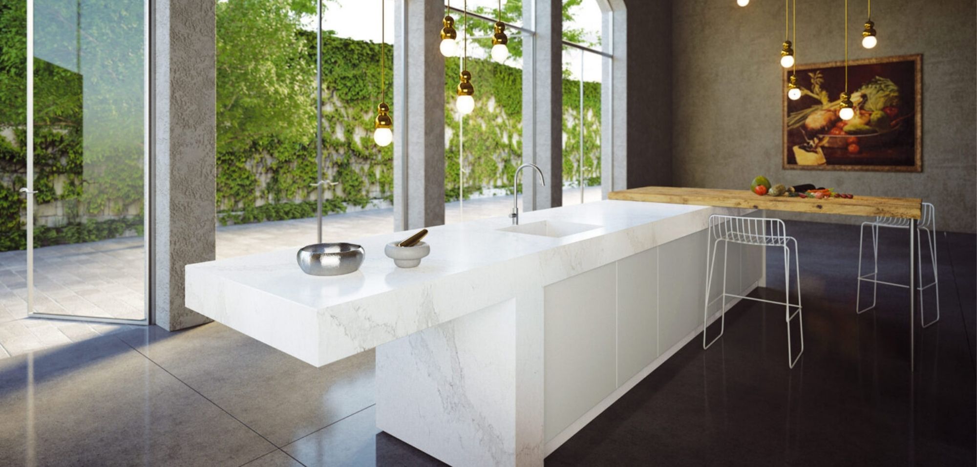 What Is Caesarstone Quartz? 7 calacatta nuvo caesarstone quartz countertops kitchen Island