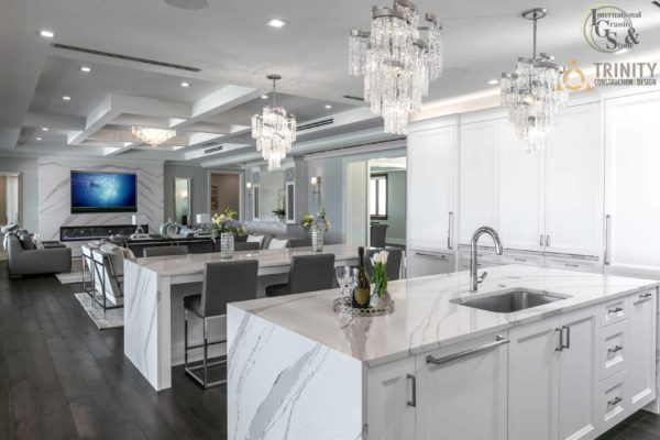 Cambria Brittanica Kitchen Countertops Bathroom Countertops White and Gray Quartz Countertops White Cabinets Kitchen Island marble looking quartz International Granite and Stone Trinity Construction and Design Collaboration gray furniture gray flooring white tile white backsplash
