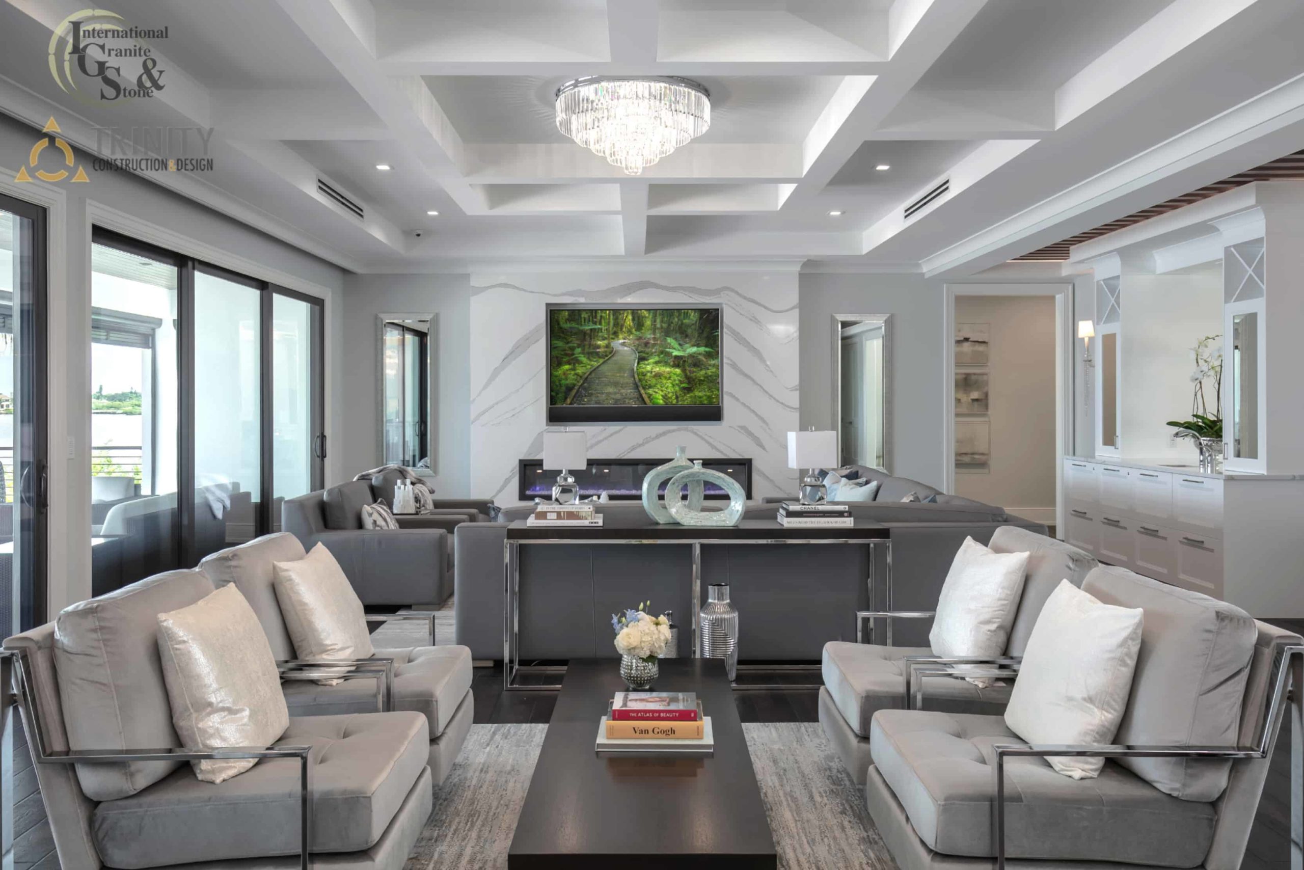 Magazine Worthy Cambria Brittanicca Sarasota Luxury Remodel 4 Cambria Brittanicca Kitchen Countertops Bathroom Countertops White and Gray Quartz Countertops White Cabinets Kitchen Island marble looking quartz International Granite and Stone Trinity Construction and Design Collaboration gray furniture gray flooring white tile white backsplash