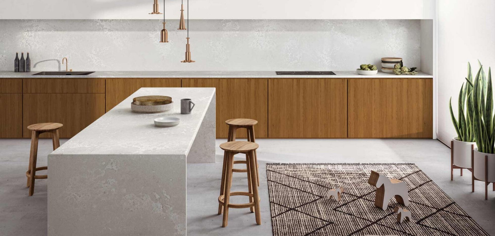 What Is Caesarstone Quartz? 4 cloudburst caesarstone quartz kitchen countertops with waterfall island