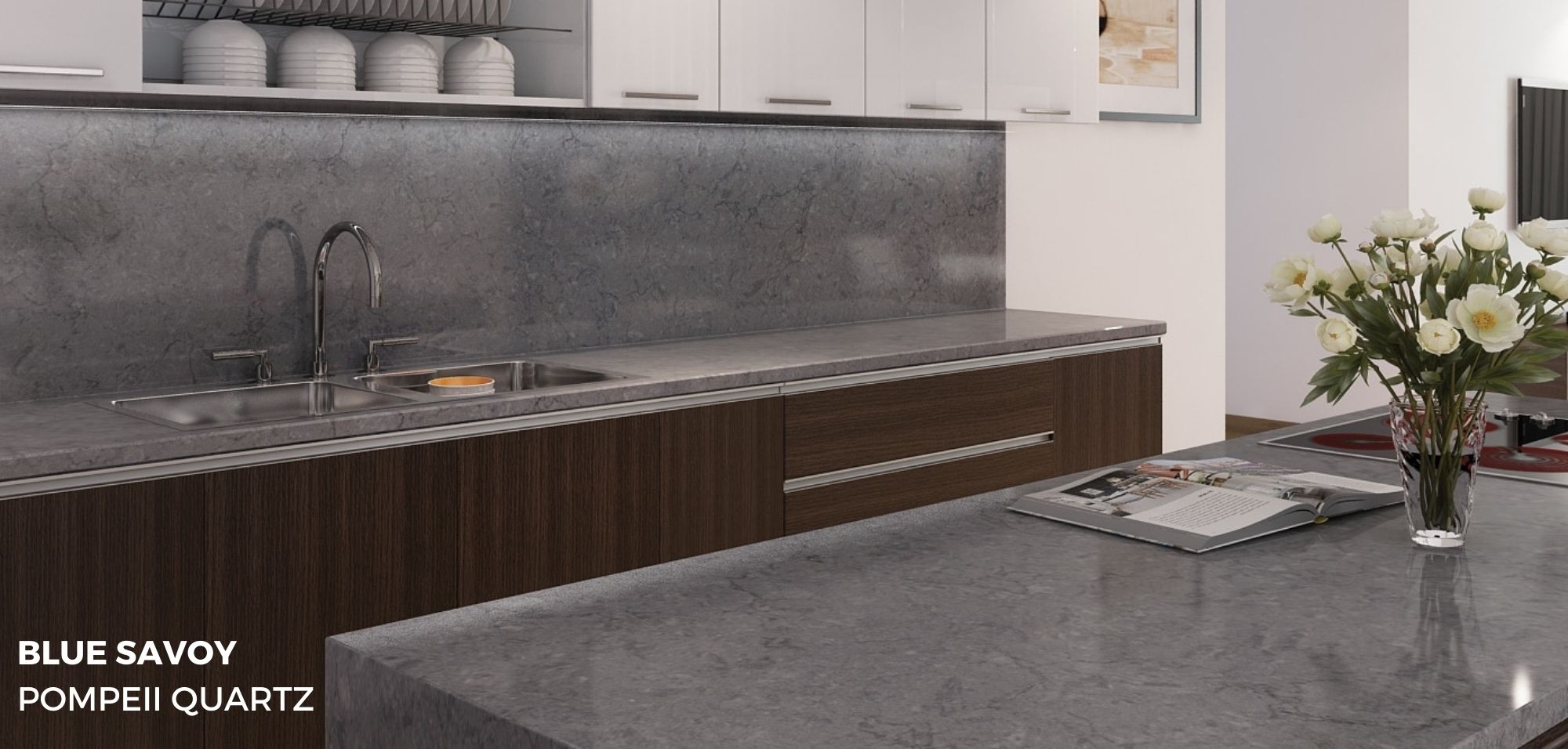 Quartz Vs Concrete: Comparing Your Countertop Options 6 Quartz vs Concrete Countertops Blue Savoy Pompeii Quartz Kitchen Countertops with Full Height Backsplash
