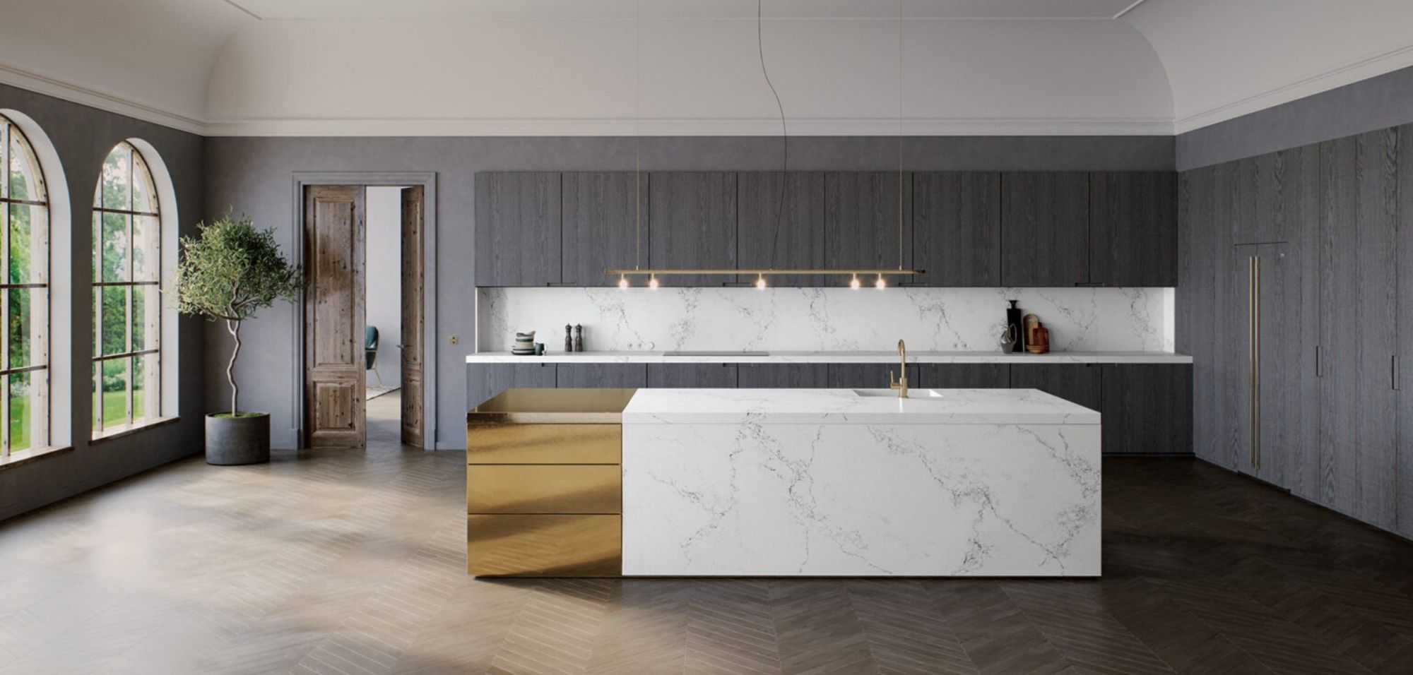 What Is Caesarstone Quartz? 9 Empira white caesarstone quartz kitchen countertops with kitchen island and full height backsplash