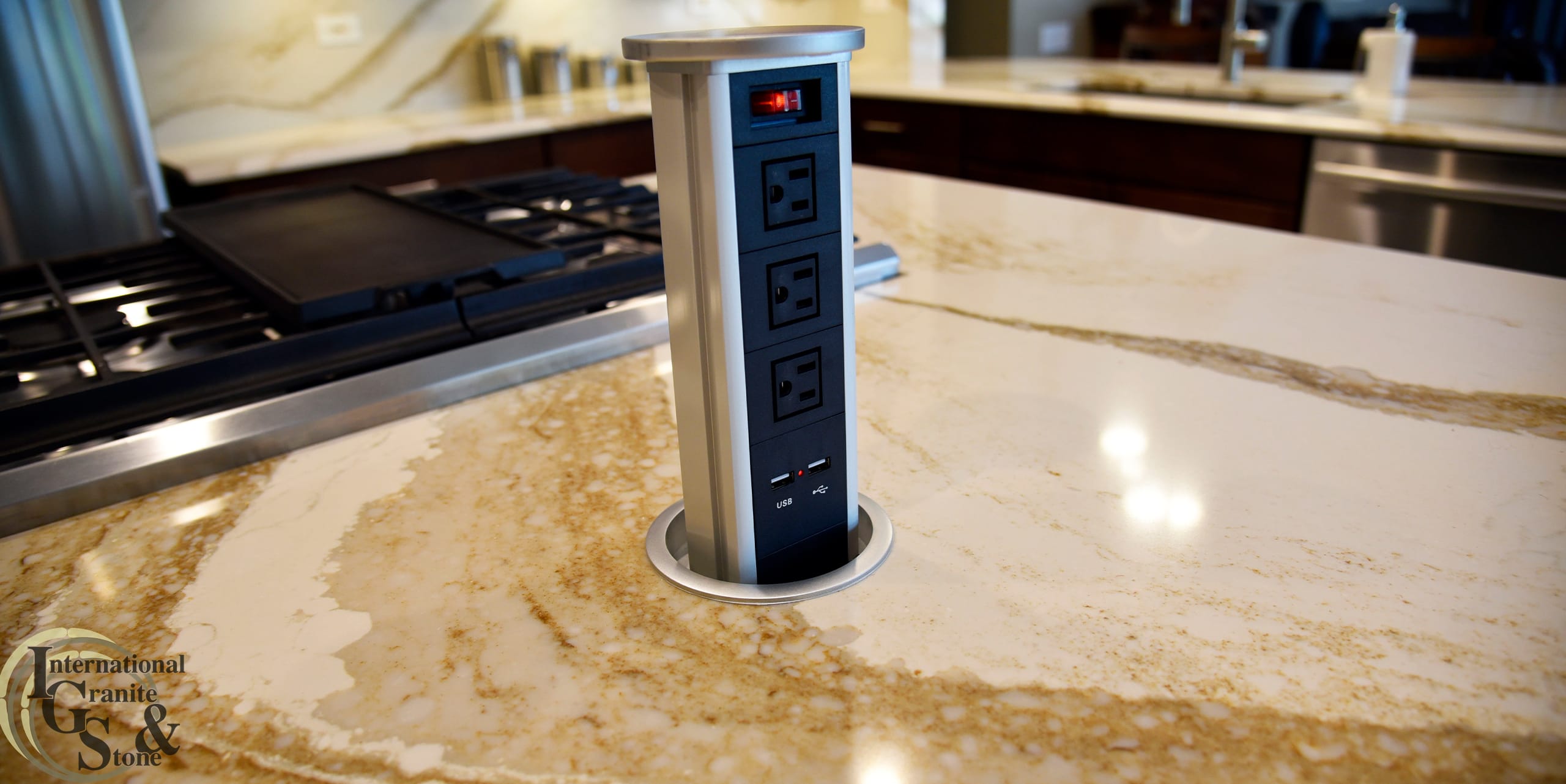 Kitchen Countertops Palm Harbor 5 Cambria Brittanicca Gold Quartz Countertop with Pop-Up Outlet Kitchen Countertops Palm Harbor