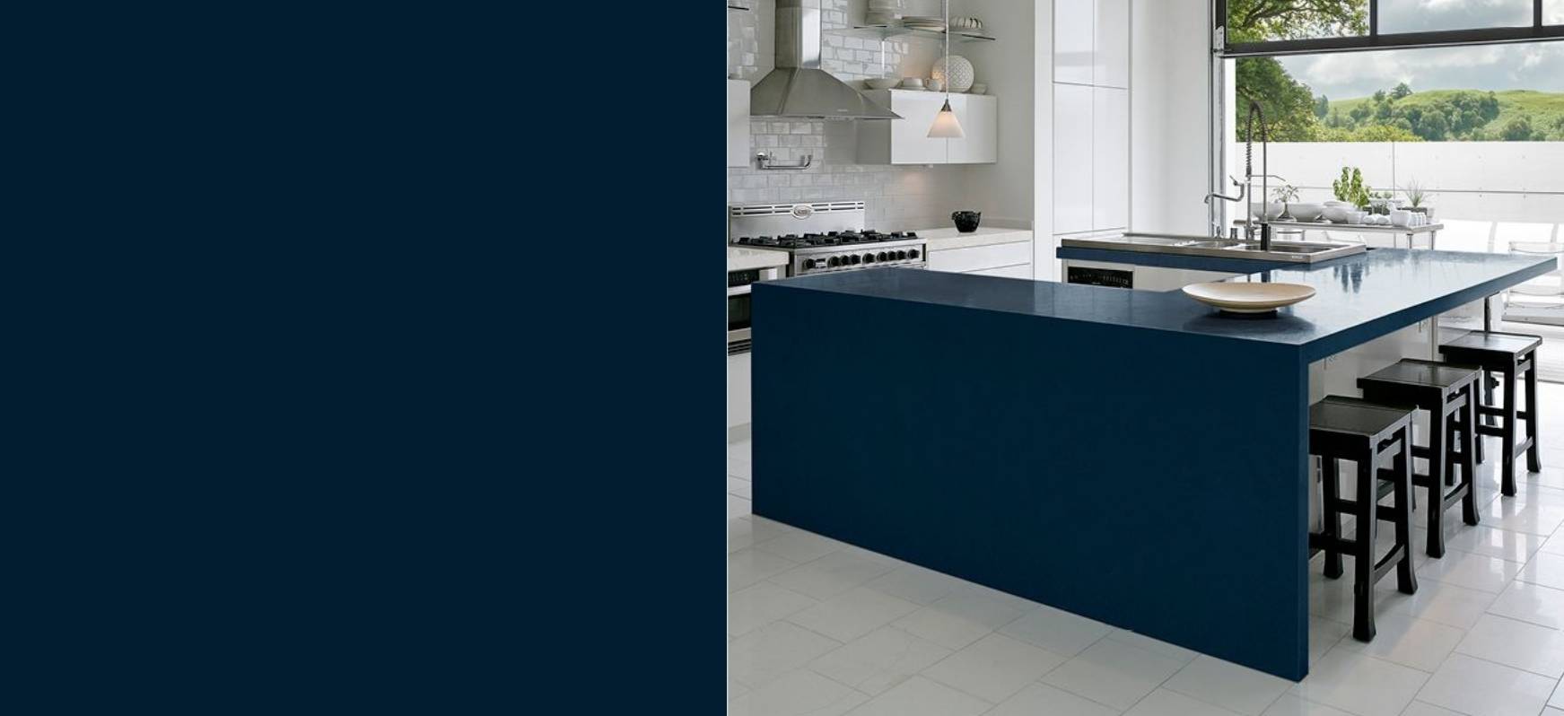 Blue Countertops: A Complete Guide 13 Hadley Cambria Quartz Countertops with Waterfall Panel and Close up Blue Countertops