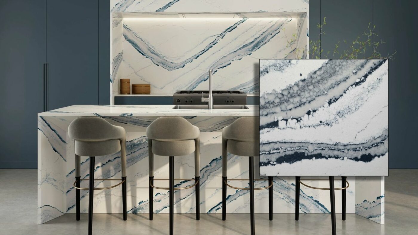 Inverness Bristol Bay Quartz Countertops displaying subtle blue undertones amidst a versatile neutral palette.
