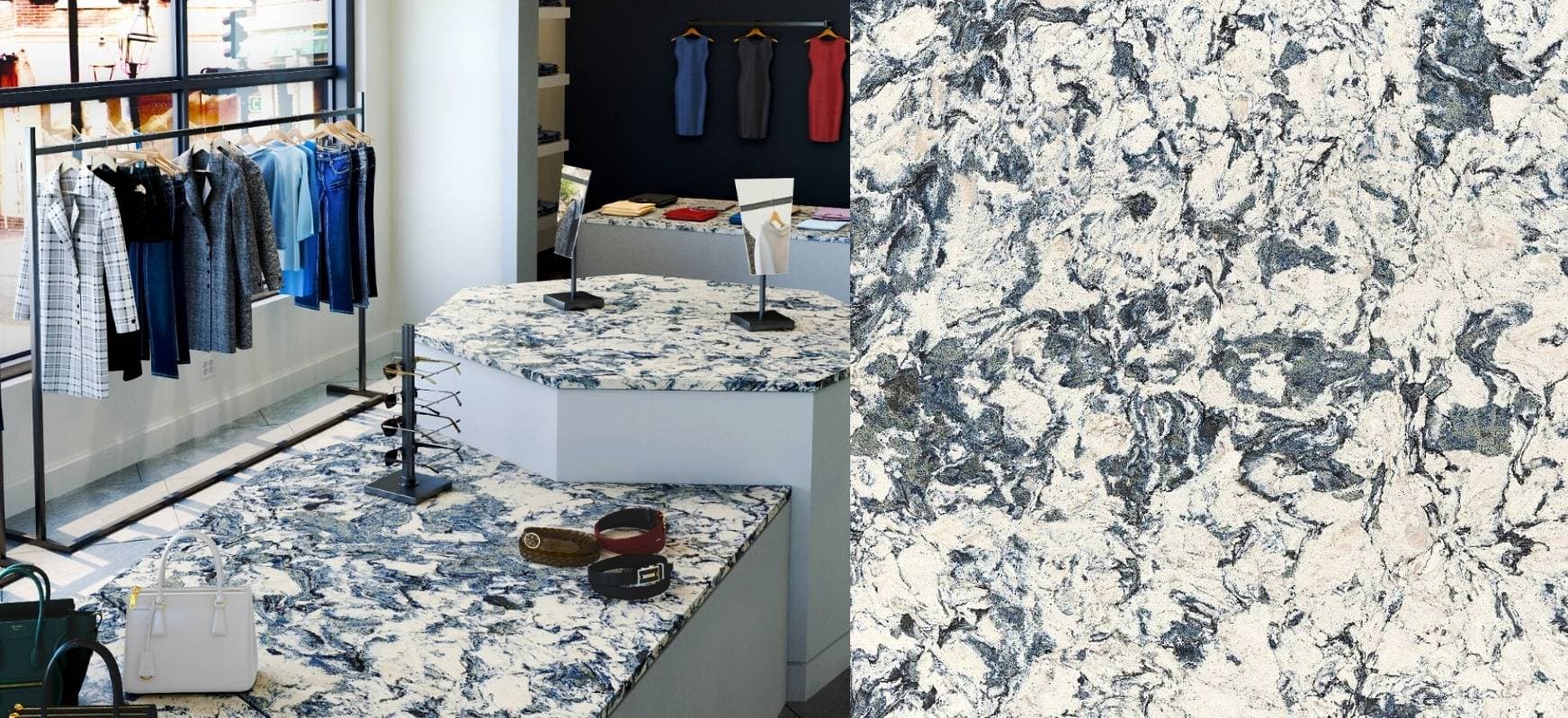 Blue Countertops: A Complete Guide 14 Mayfair Cambria Quartz Countertops and Close up Blue Countertops White Countertops