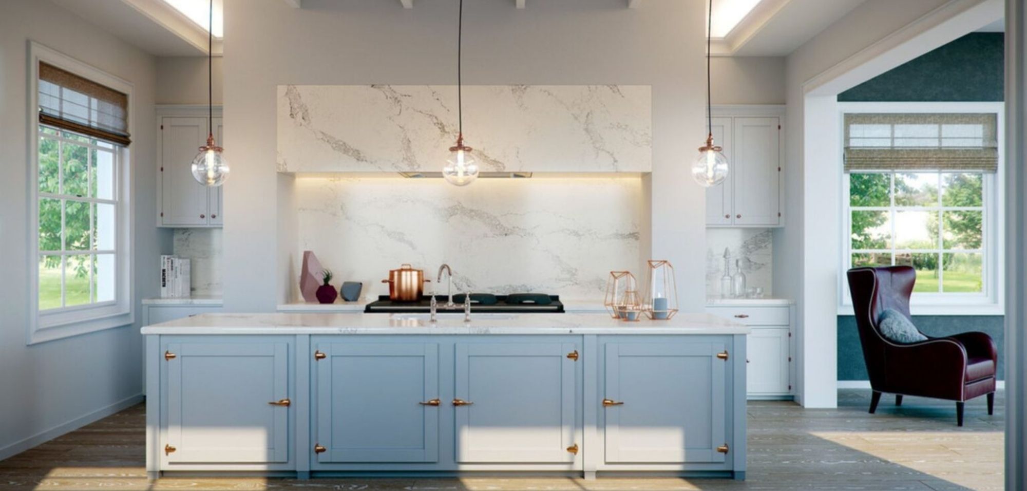 What Is Caesarstone Quartz? 6 Statuario maximus caesarstone quartz kitchen countertops kitchen island light blue cabinetry