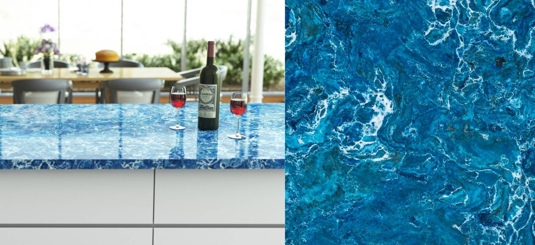 Blue Countertops: A Complete Guide 12 Skye Cambria Quartz Countertops and Close up Blue Countertops