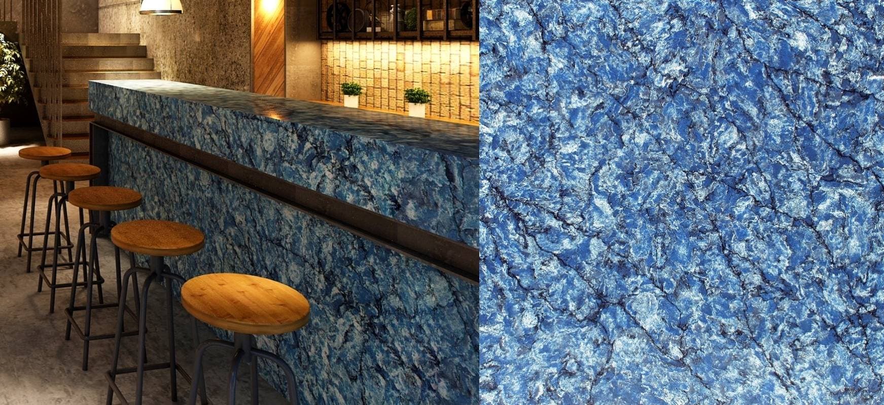 Blue Countertops: A Complete Guide 16 Tidewater Pompeii Quartz Countertops and Close up Blue Countertops