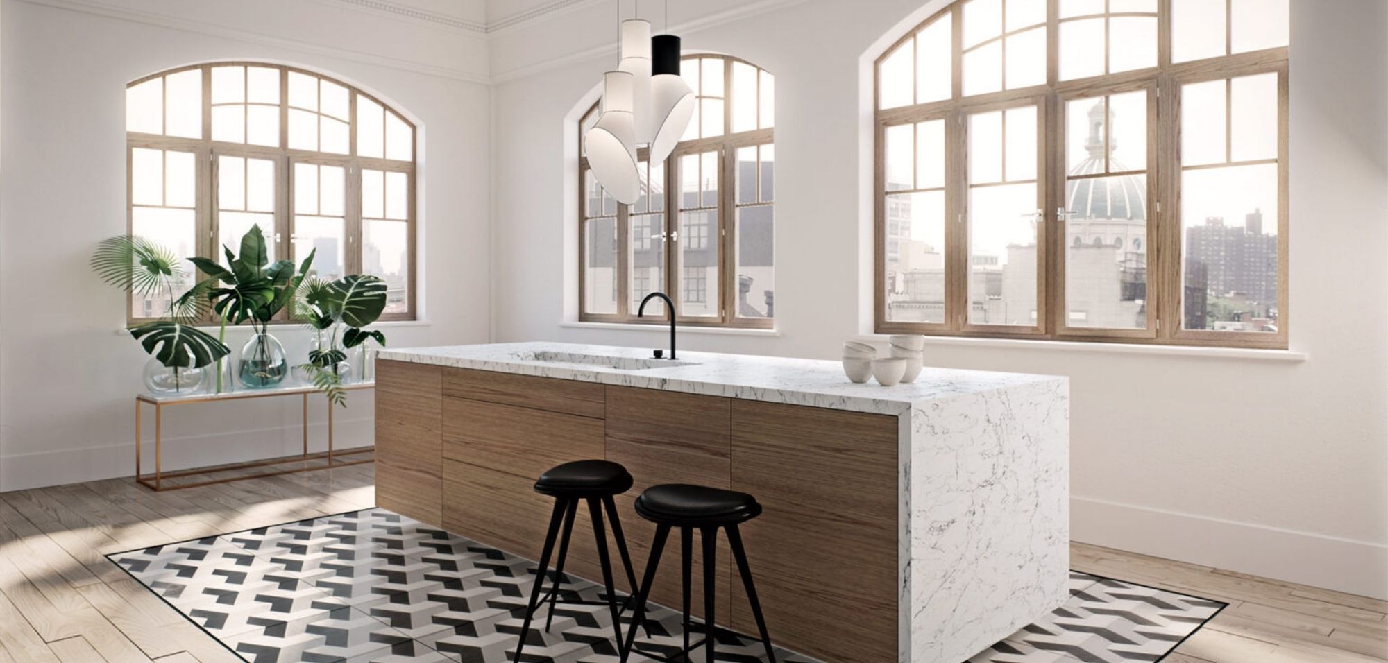 What Is Caesarstone Quartz? 8 white attica caesarstone quartz kitchen countertops with waterfall island