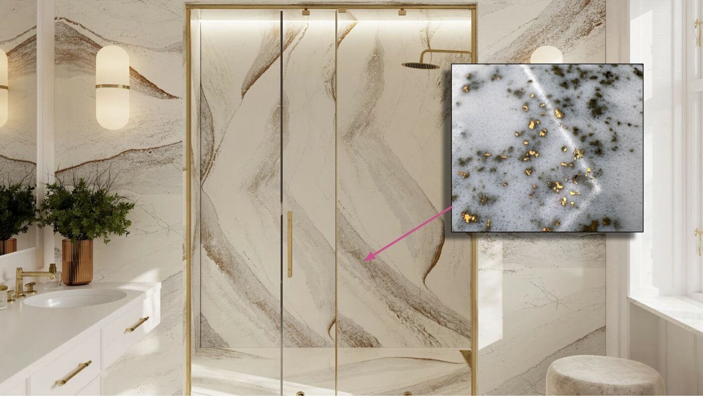 Detail view of Cambria Windsor Brass Quartz, highlighting its rich tapestry of chocolate brown and honey hues punctuated by radiant brass elements installed for countertops and walls.