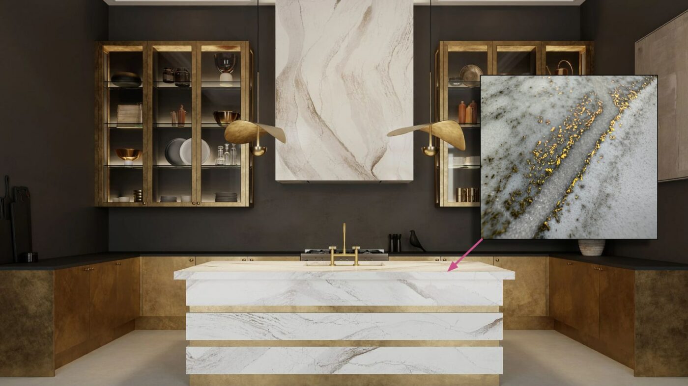 Windsor Brass Satin Ridge Quartz Countertops showcasing a rich tapestry of chocolate brown and warm honey hues with brass metallic accents.