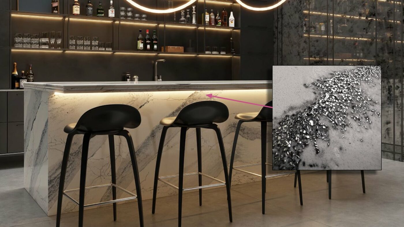 Windsor Steel Satin Ridge Quartz Countertops featuring a complex array of cool grays and silver metallic flakes.