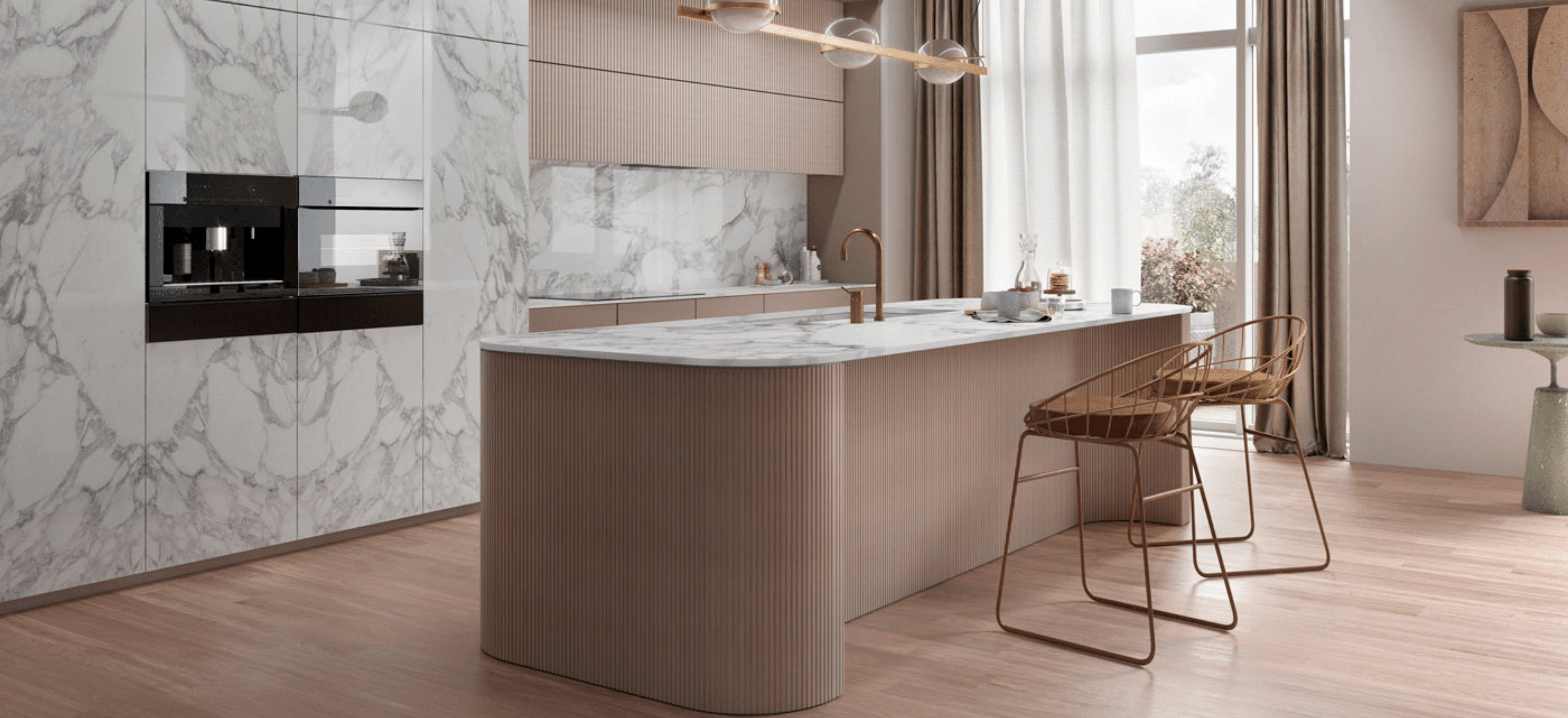 One Of A Kind: A Complete Guide To Natural Stone Countertops 5 White Marbled Porcelain Countertops and Accent Wall Natural Stone Countertops