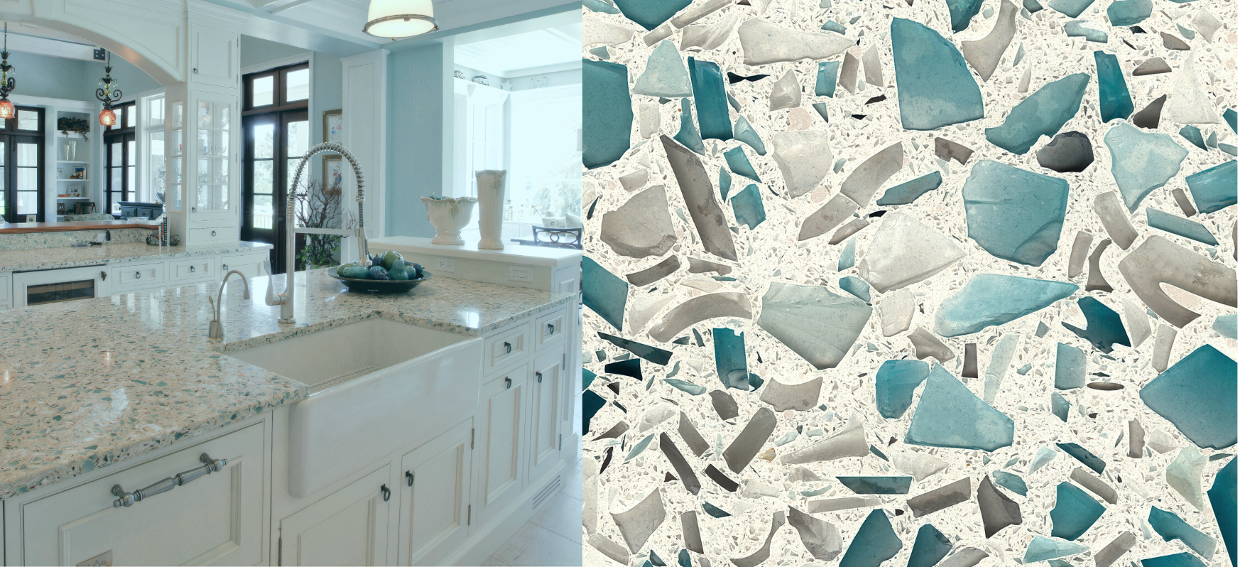 Recycled Glass Kitchen Countertops: 6 Stylish Options For Inspiration 7 Floating Blue Vetrazzo Recycled Glass Kitchen Countertops