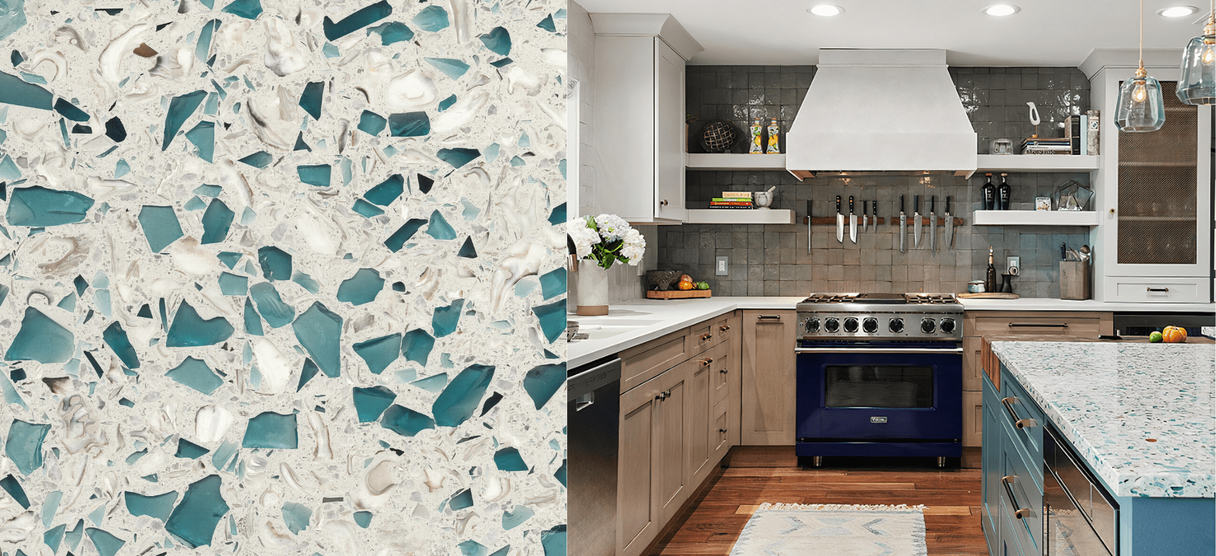 Blue Countertops: A Complete Guide 19 Bretagne Blue Recycled Glass Kitchen Countertops and Close Up Blue Countertops Vetrazzo Recycled Glass Countertops