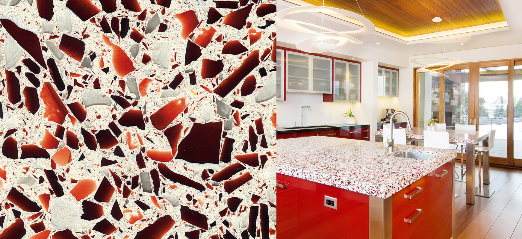 Recycled Glass Kitchen Countertops: 6 Stylish Options For Inspiration 8 Ruby Red Vetrazzo Recycled Glass Kitchen Countertops