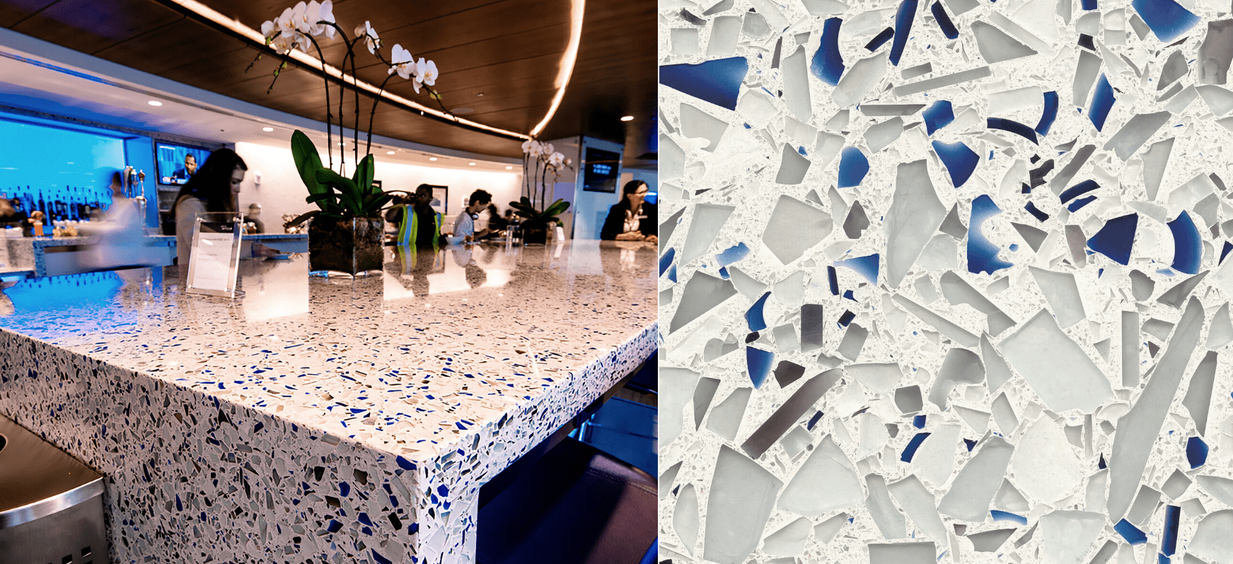 Blue Countertops: A Complete Guide 22 Chivalry Blue Recycled Glass Kitchen Countertops and Close Up Blue Countertops Vetrazzo Recycled Glass Countertops