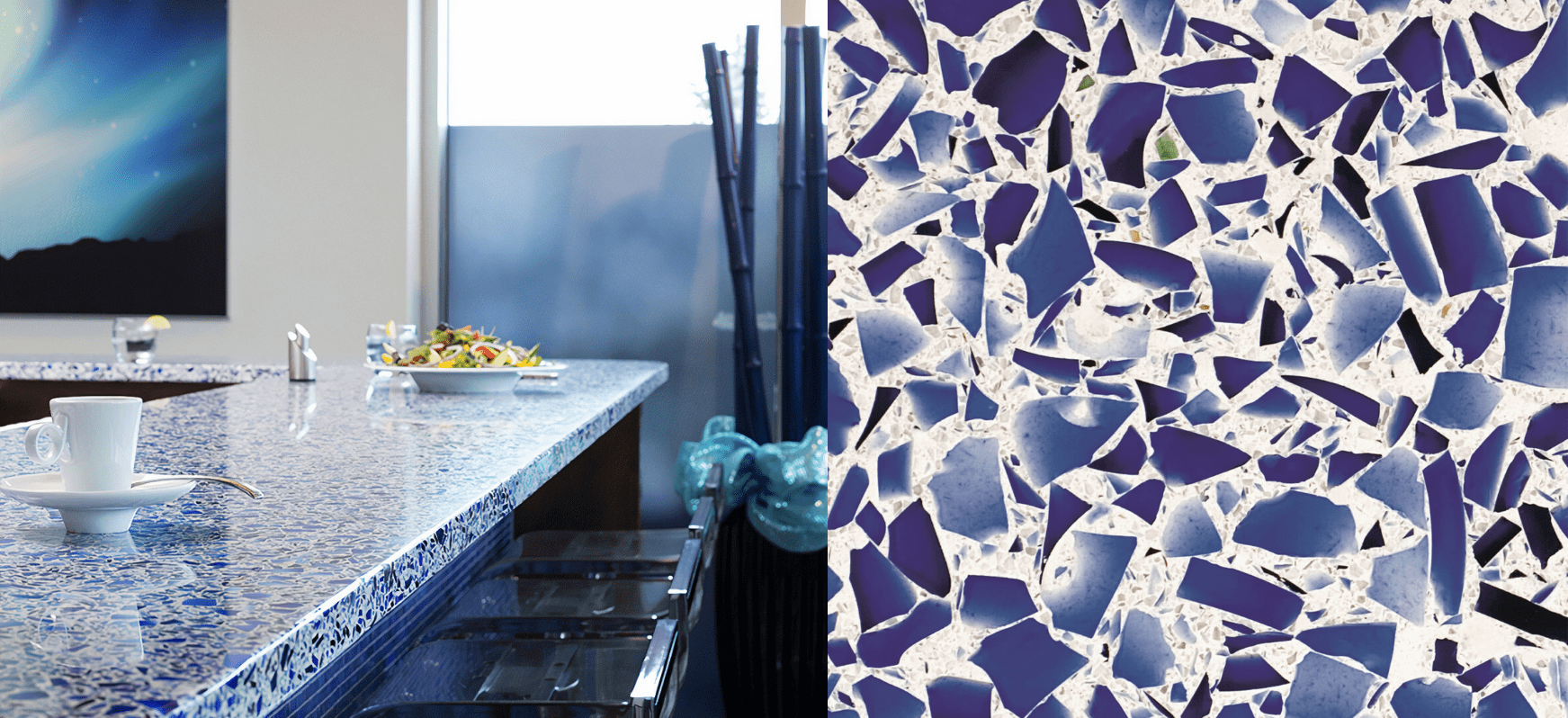 Blue Countertops: A Complete Guide 20 Cobalt Skyy Recycled Glass Kitchen Countertops and Close Up Blue Countertops Vetrazzo Recycled Glass Countertops Skyy Vodka Bottle