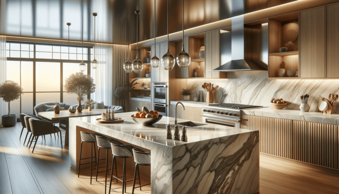 An elegant kitchen featuring a central island with a lustrous quartz countertop characterized by a subtle veining pattern. The island is adorned with high-end accessories including a stainless steel fruit bowl and designer salt and pepper shakers. Modern wooden cabinetry, stainless steel appliances, and chic pendant lights above the island complement the warm and neutral color scheme. The room is well-lit, with accent lighting that highlights the reflective surface of the quartz material. At the bottom of the image, there is an overlay text in a stylish font that reads, Find the Perfect Quartz Countertops Nearby - Expert Tips Inside.