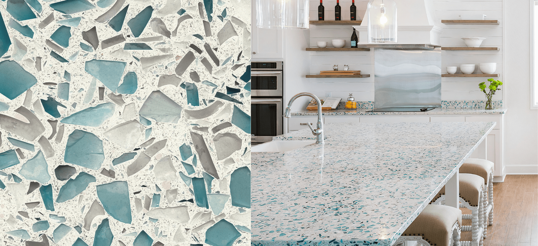 Recycled Glass Kitchen Countertops: 6 Stylish Options For Inspiration 2 Floating Blue Recycled Glass Kitchen Countertops and Close Up Blue Countertops Vetrazzo Recycled Glass Countertops